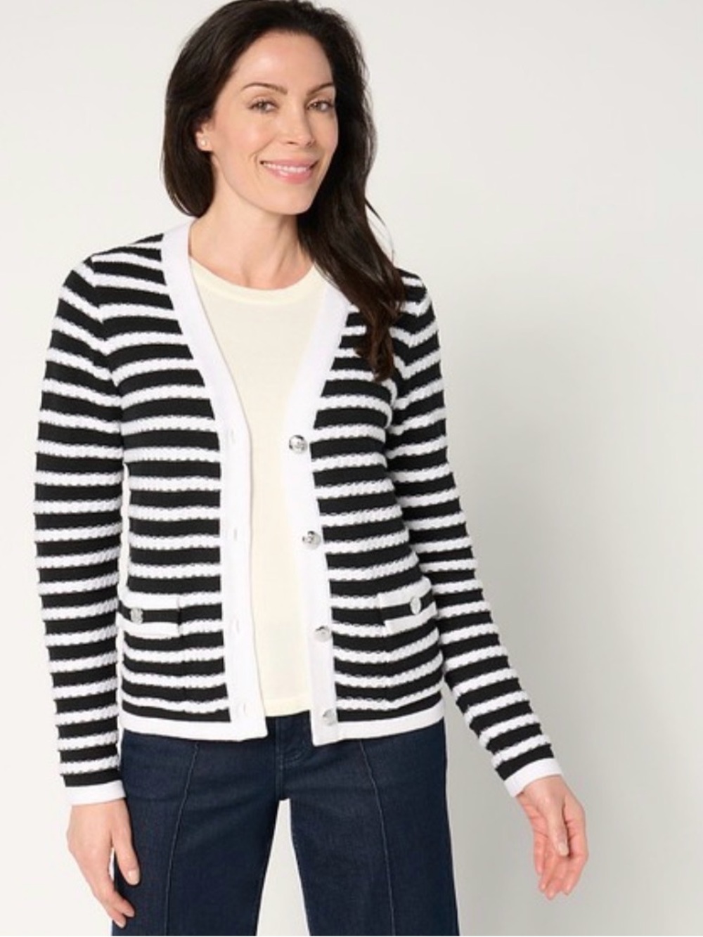 Isaac Mizrahi Live! Black and White Striped V-Neck Button Cardigan - Size L